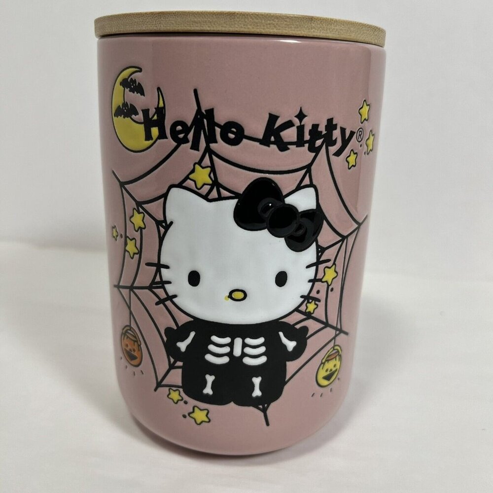 Sanrio Hello Kitty Pink Halloween Skeleton Spiderweb Canister Cookie Jar